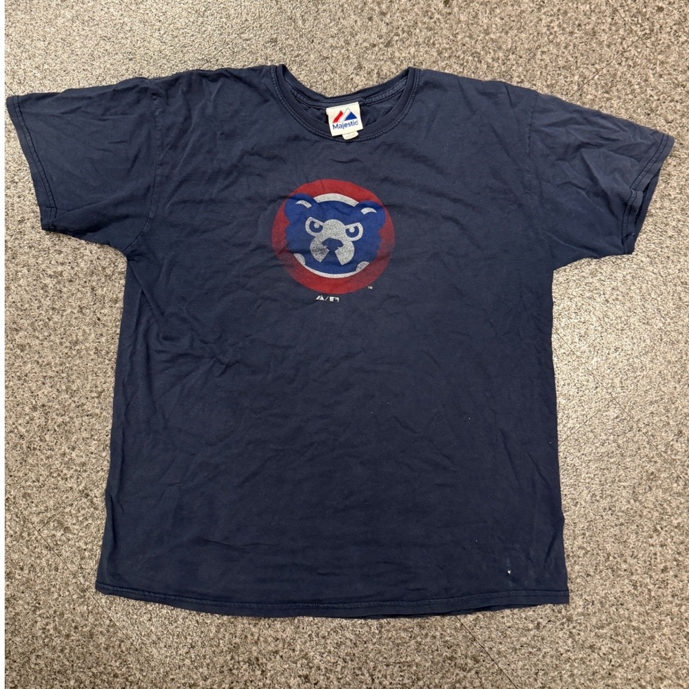 Chicago Cubs T Shirt Mens Large Navy Blue Good Distressed Bear Logo Magestic